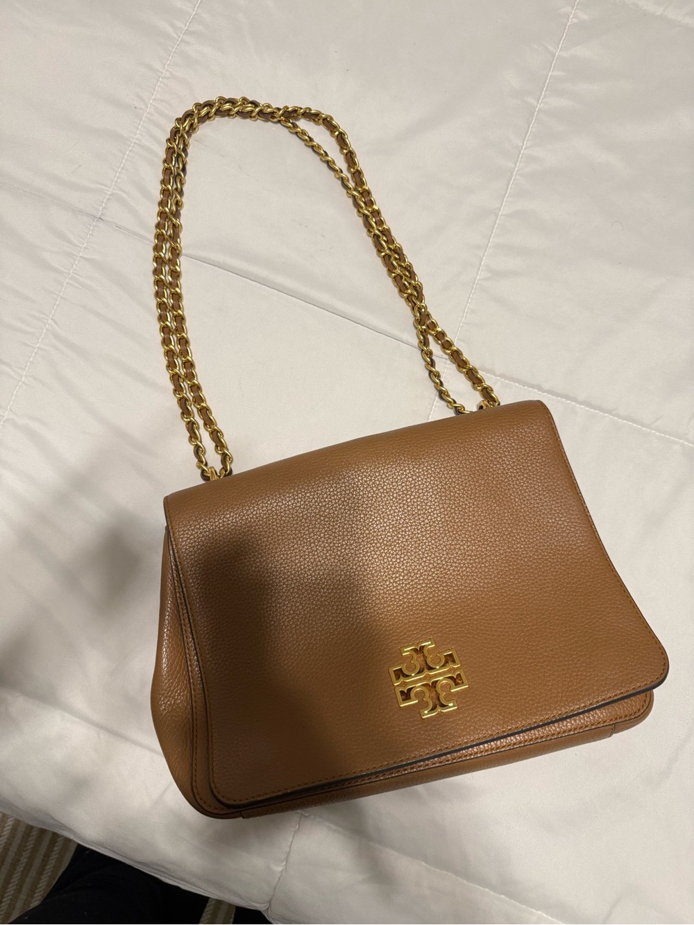 Tory Burch Brown Pebbled Leather Shoulder Bag with Gold Chain